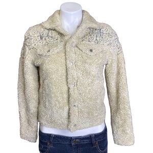 LUCKY BRAND Sherpa Jacket Tomboy Trucker Embroidered Teddy Snap Front XS